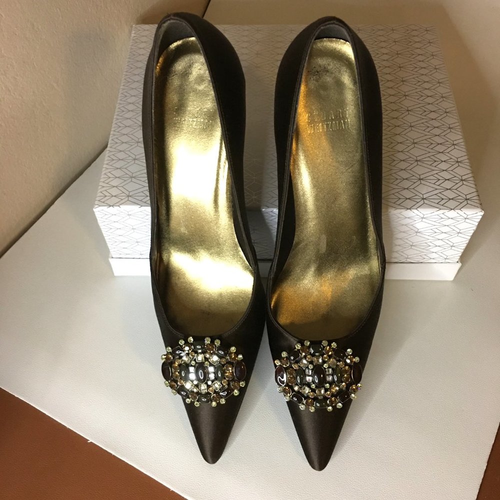 STUART WEITZMAN ✨ Brown Satin Rhinestone Embellished Heels - Picture 6 of 14